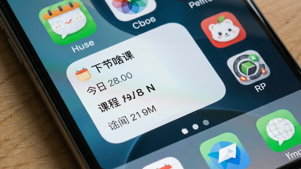 手机桌面场景,桌面上放置一个课程表小组件,组件内显示“下节啥课”标识和今日两门课程名称及时间,旁边有其他常见应用图标,整体布局自然,风格生活化,细节丰富,画质干净,无多余元素
