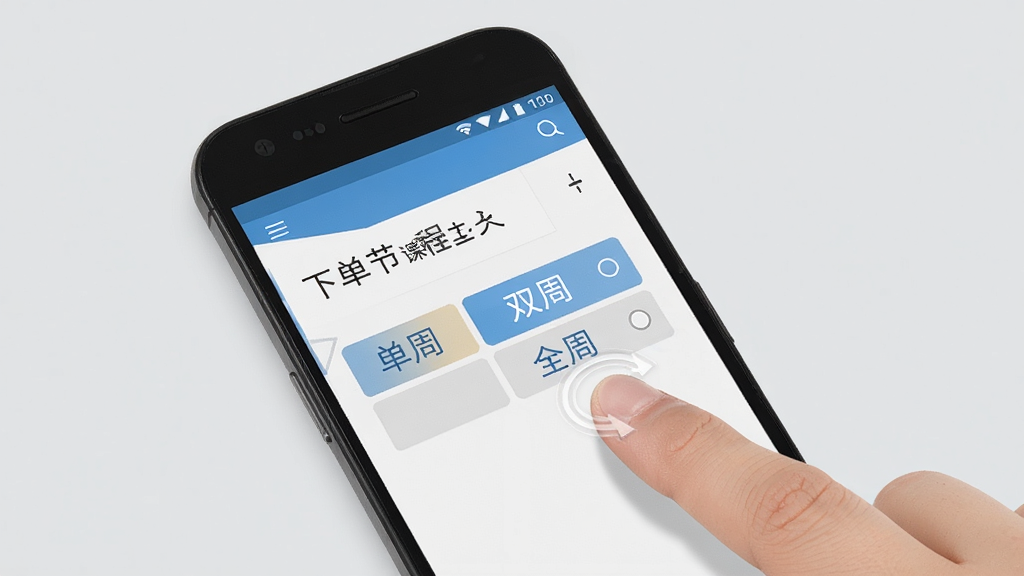 一部安卓手机屏幕显示下节啥课的课程录入界面,画面中有“单周”“双周”“全周”选项按钮,旁边有手指点击动作,背景为浅灰色,风格教程示意,布局清晰,细节明确,画质干净,无多余元素