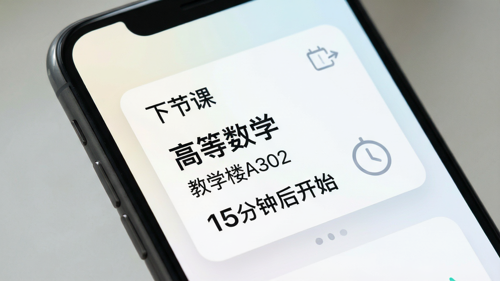 手机屏幕特写,界面顶部醒目展示“下节课”信息卡片,包含课程名“高等数学”、教室“教学楼A302”、倒计时“15分钟后开始”,背景为浅色渐变,整体排版简洁,风格现代,细节精致,画质干净,无多余元素