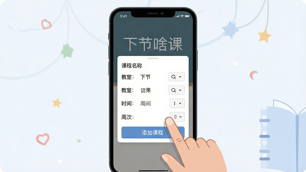 一张手机应用界面截图风格插画,画面中一只手正在点击“添加课程”按钮,屏幕上弹出课程名称、教室、时间、周次等填写表单,背景有“下节啥课”字样,布局为上下结构,风格扁平化设计,细节清晰,画质干净,无多余元素