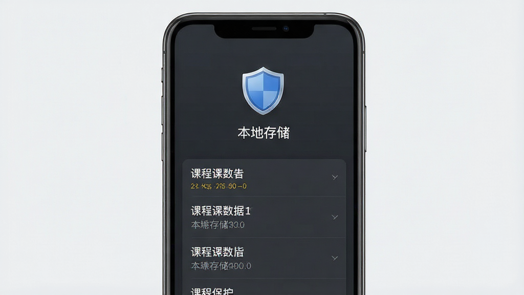 手机界面展示隐私保护设置页面,画面中有盾牌图标和“本地存储”字样,旁边列出课程数据条目,背景为深灰色调,风格稳重安全,布局居中对称,细节清晰,画质干净,无多余元素