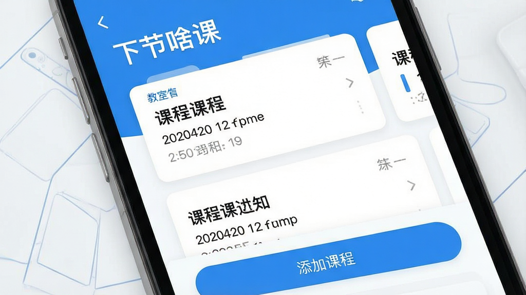 一张手机屏幕展示课程表应用界面,顶部显示“下节啥课”软件名称,页面中央以卡片形式排列今日课程,包含课程名称、教室、时间段,底部有添加课程按钮,整体布局清晰,风格清新简约,蓝白配色,细节精致,画质干净,无多余元素