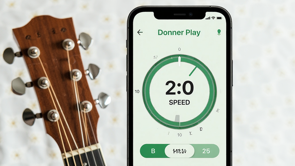 �����������ֻ���Ļ��ʾ Donner Play ���������棬Բ�ν���ָʾ���ٶ���ֵ���У�����Ϊ�ֻ����У����ڷ�һ֧ԭ��������ͷ���Ű�ͻ��������Բ�α��̣����Ϊ����ǳɫϵ����ɫ��׺��ϸ�ڰ���