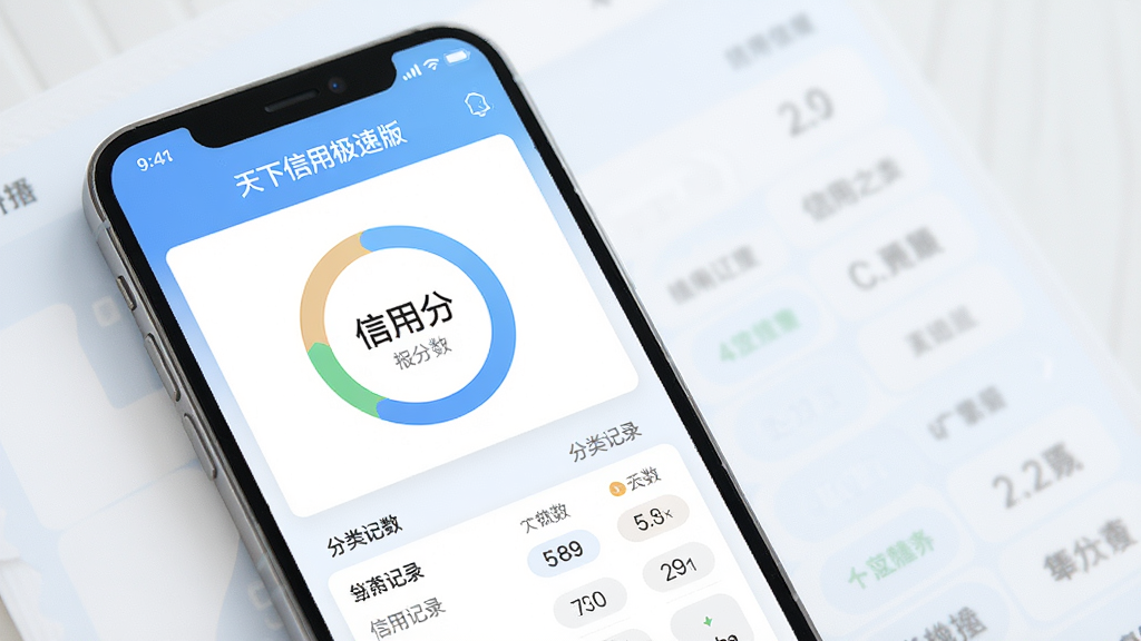 天下信用极速版信用报告查询界面,手机屏幕显示报告详情页,包含信用分数环形图和分类记录列表,背景为白色与淡蓝色搭配,风格清新简洁,细节精致,画质高清,干净无多余元素
