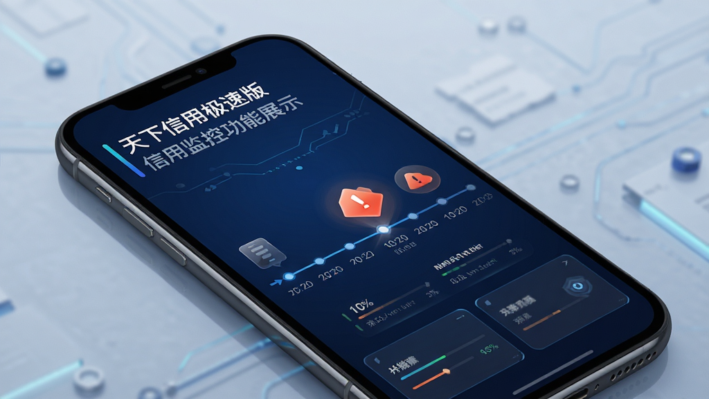 天下信用极速版信用监控功能展示,手机界面呈现动态时间轴与预警图标,背景为深蓝色科技风格,布局清晰有序,细节丰富,画质高清,干净无多余元素