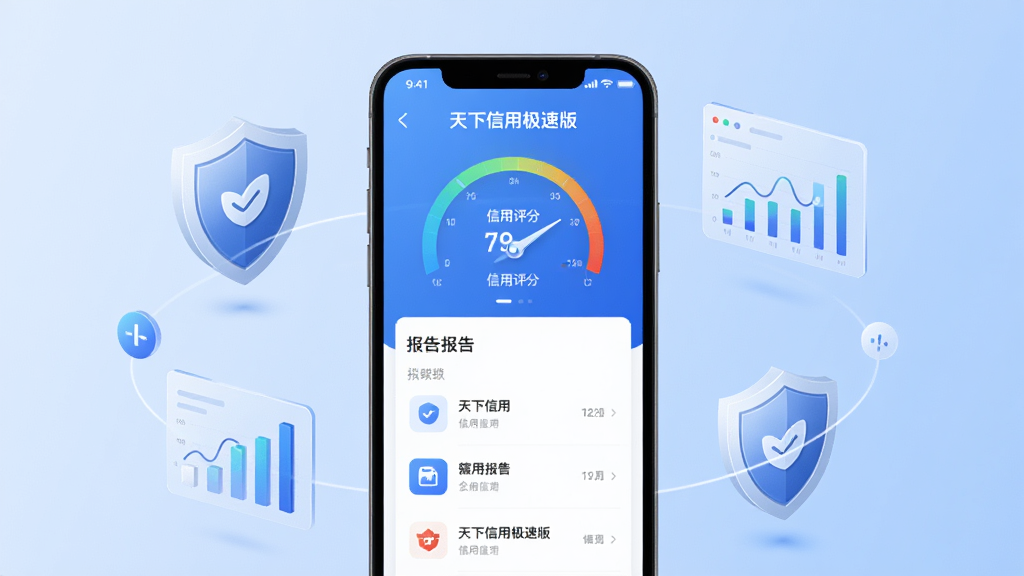 手机屏幕中央展示天下信用极速版应用界面,界面包含信用评分仪表盘和报告列表,背景为浅蓝色渐变,周围环绕盾牌与数据图表元素,布局简洁居中,风格现代科技感,细节清晰,画质高清,干净无多余元素