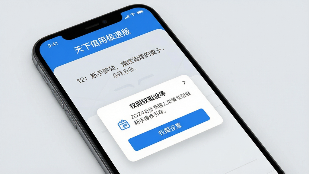 天下信用极速版新手操作引导界面,手机屏幕显示步骤提示与权限设置弹窗,背景为浅灰色与蓝色搭配,风格简洁明快,布局清晰,细节完整,画质高清,干净无多余元素
