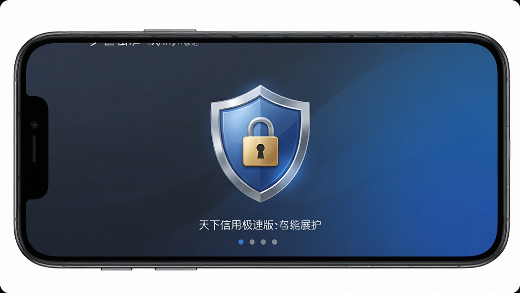 天下信用极速版安全防护功能展示,手机界面显示盾牌图标与加密锁标识,背景为深灰色与蓝色渐变,风格稳重专业,布局对称,细节精致,画质高清,干净无多余元素