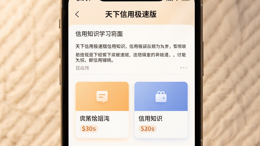 天下信用极速版信用知识学习页面,手机屏幕展示文章列表与知识卡片,背景为暖白色调,风格温和亲切,布局规整,细节清晰,画质高清,干净无多余元素