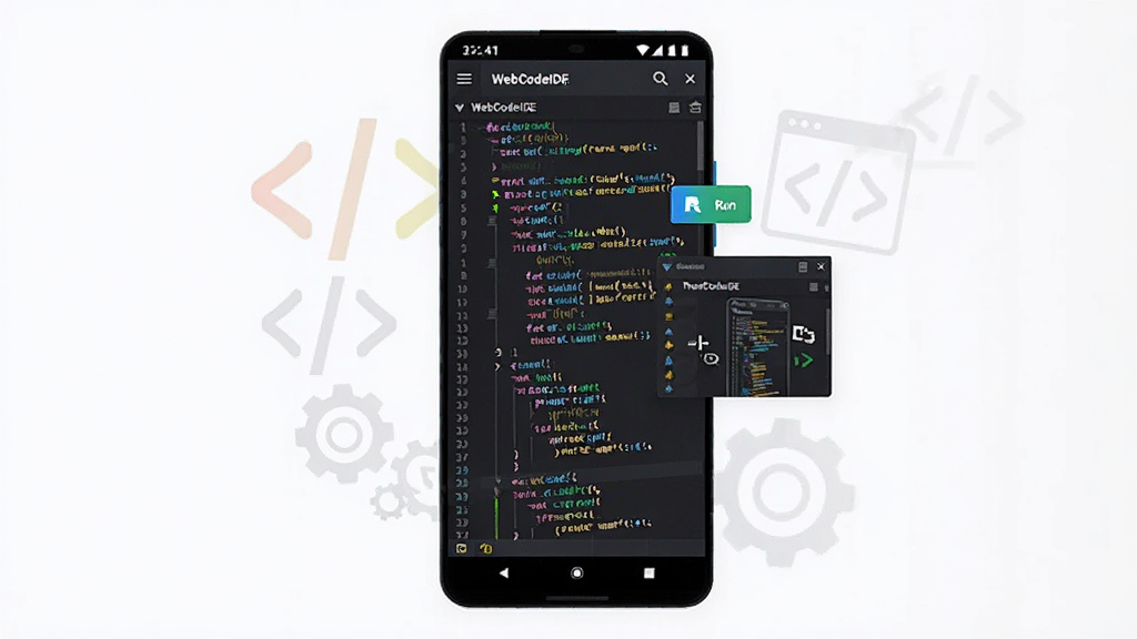 画面主体是一部竖屏安卓手机,屏幕中央展示 WebCodeIDE 代码编辑器界面,深色背景上排列着彩色高亮的代码行,左侧有文件目录树,右侧悬浮着运行按钮与预览窗口,手机周围环绕半透明的代码符号与齿轮图标,布局采用居中构图,手机略微倾斜增强立体感,风格为现代科技感扁平插画,细节包括代码行间的行号、语法高亮色块、底部状态栏,画质清晰锐利,背景干净无多余装饰元素