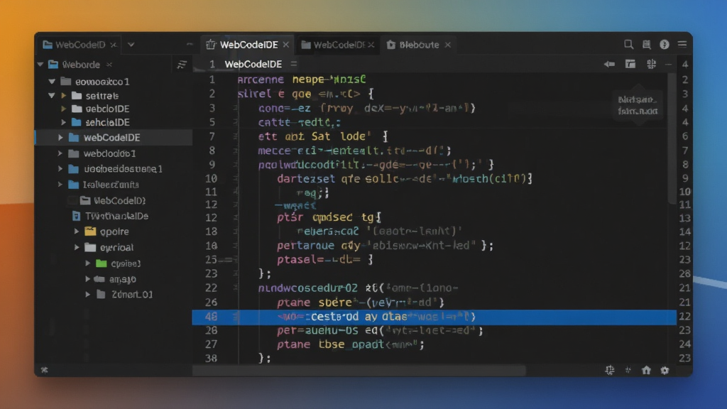 WebCodeIDE 软件界面特写,画面中央是深色主题的代码编辑区,显示多语言语法高亮效果,左侧文件目录树展开多层文件夹,顶部标签栏有多个打开的文件,右侧边缘浮现代码折叠与行号标识,整体布局为横向宽屏视角,风格为简洁的 UI 产品展示图,细节包括彩色关键字、灰色注释、蓝色选中行,画质干净清晰,背景为纯色渐变,无杂乱元素