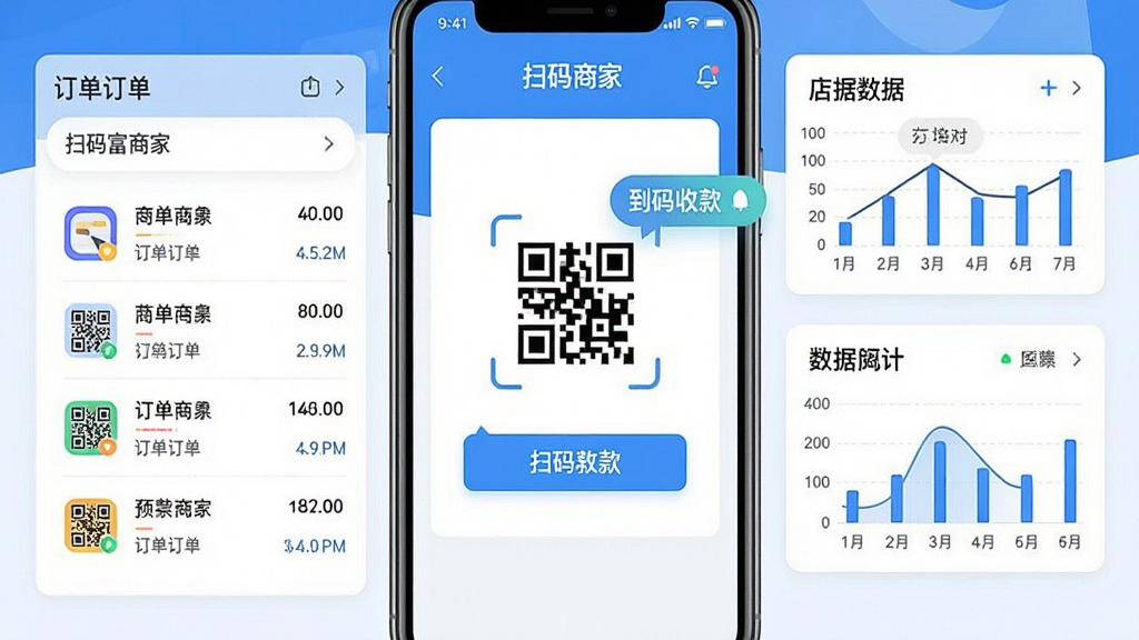 一张手机屏幕展示扫码富商家app收款主界面,画面中央是醒目的扫码收款按钮,周围环绕订单列表与数据统计卡片,布局居中对称,风格为清爽现代的扁平化设计,细节包括二维码图标、到账通知气泡与店铺数据图表,整体色调以蓝白为主,画质清晰干净,无多余元素