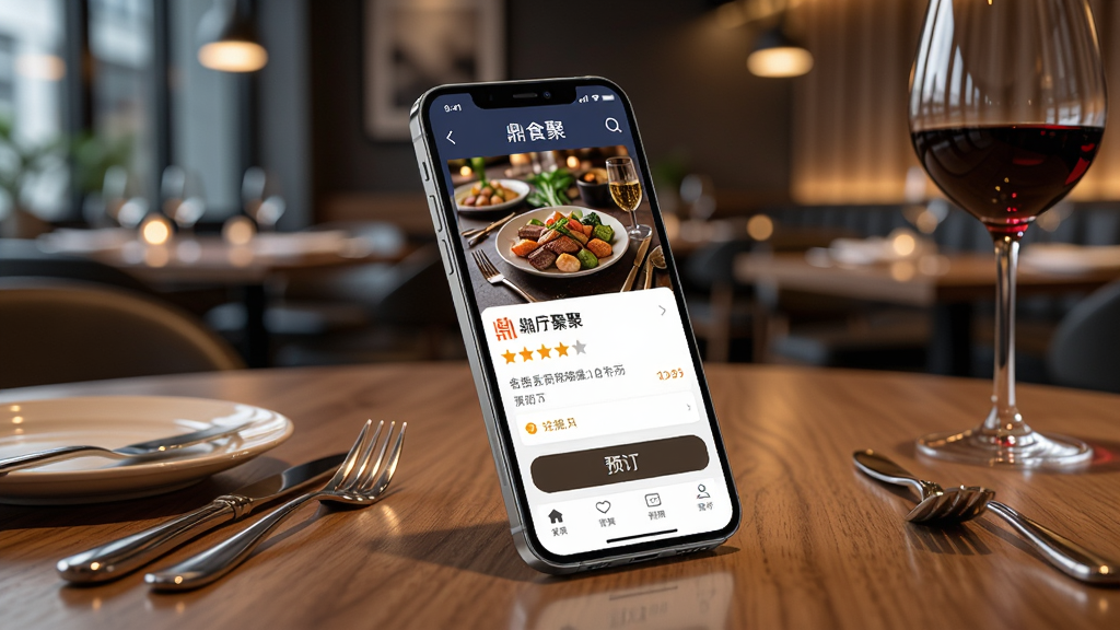 画面主体是一部智能手机,屏幕上显示鼎食聚APP的餐厅预订界面,界面中有餐厅图片、评分星级和预订按钮,手机斜放在一张木质餐桌上,旁边摆放着精致的餐具和一杯红酒,背景是虚化的现代餐厅内景,暖色调灯光,布局采用居中构图突出手机屏幕内容,风格为写实商业产品摄影,细节包括手机边框反光、屏幕UI清晰可见、餐具质感真实,画质高清干净,无多余元素