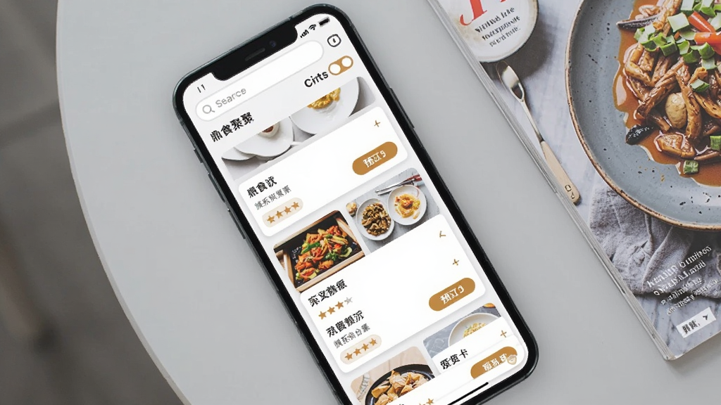 一部手机屏幕特写,显示鼎食聚APP的餐厅列表页面,上面排列着多家餐厅卡片,每张卡片包含餐厅名称、菜系标签、评分和预订按钮,屏幕上方有搜索框和城市切换选项,背景为干净的浅灰色桌面,手机旁放着一本美食杂志,布局采用俯拍视角,风格为清新简约的产品展示图,细节包括屏幕文字清晰、卡片阴影柔和,画质高清干净,无多余元素