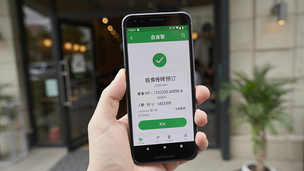 一部安卓手机屏幕显示鼎食聚APP的预订成功确认页面,页面上有绿色对勾图标、餐厅名称、预订时间和人数信息,手机被一只手握着,背景是模糊的餐厅门口场景,布局采用第一人称视角,风格为真实使用场景摄影,细节包括屏幕内容清晰、手指自然握持、背景光线柔和,画质高清干净,无多余元素