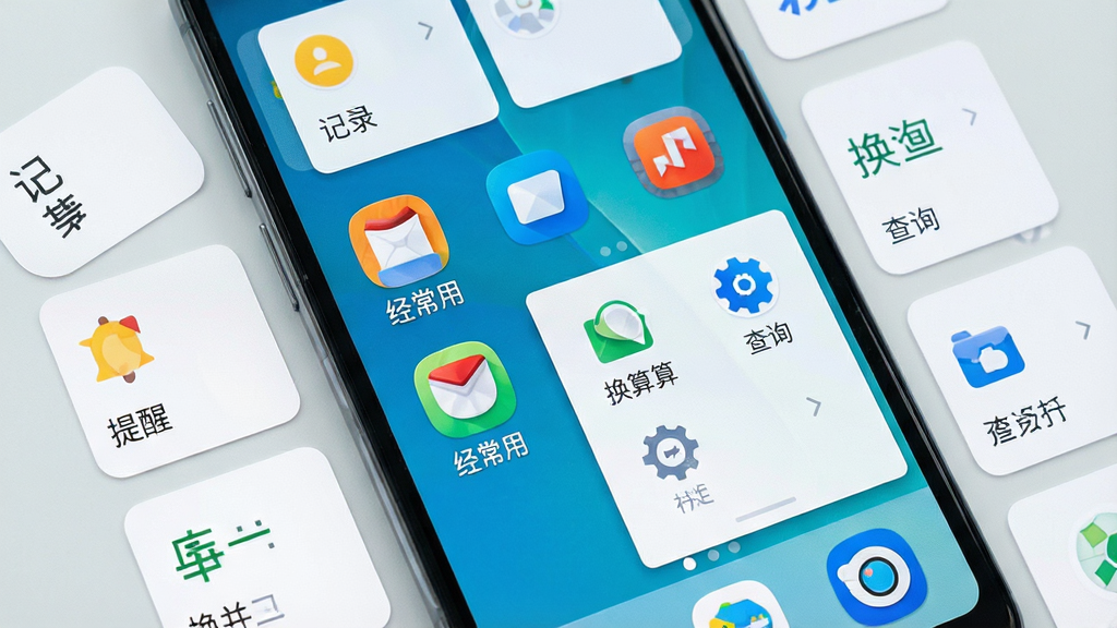 一张展示安卓手机主界面的场景图,画面中央是名为“经常用”的应用图标与展开的功能面板,周围环绕记录、提醒、换算、查询等小功能卡片,布局整洁有序,风格清爽现代,细节包含手机边框、图标高光与浅色背景,画质清晰,干净,无多余元素
