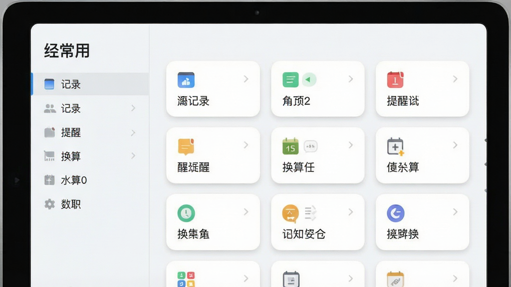 一张以“经常用”功能聚合面板为主体的界面示意图,画面左侧为功能分类栏,右侧为卡片式功能入口网格,卡片上带有记录、提醒、换算等简洁图标,布局左右分栏,风格扁平化浅色系,细节包含圆角卡片、轻微投影与留白,画质清晰,干净,无多余元素