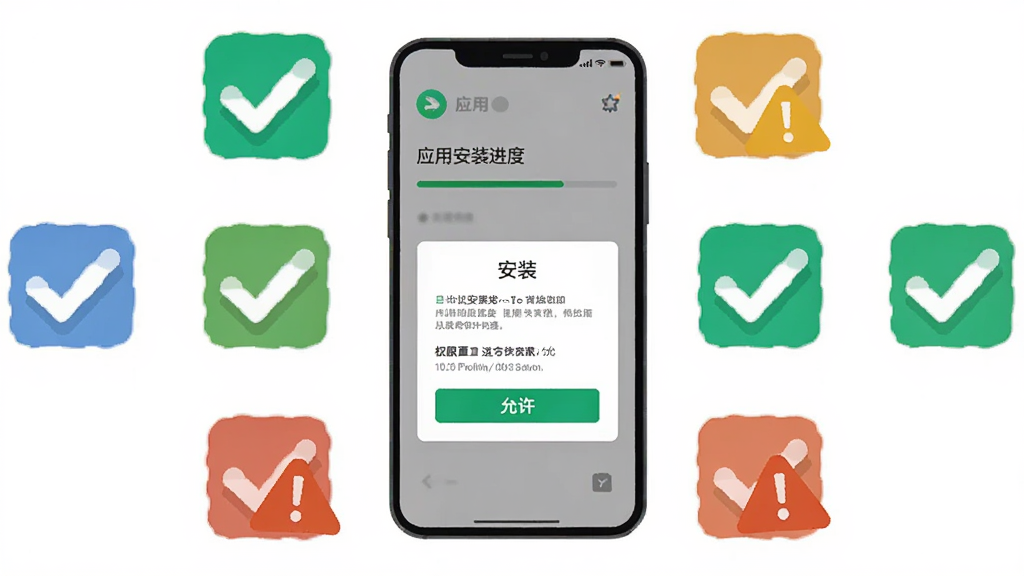 画面主体为一部竖屏智能手机,屏幕中显示应用安装进度条与权限设置弹窗,布局为手机居中、周围环绕勾选图标与警告标识,风格为扁平化操作指引插画,细节包含