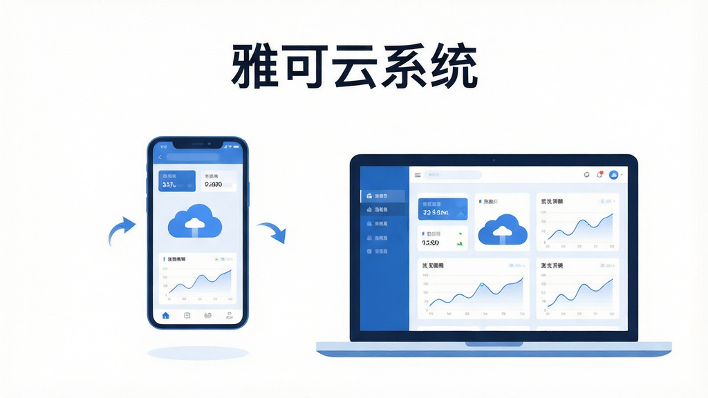 画面主体为一台悬浮的智能手机与一台笔记本电脑并排展示,屏幕中呈现统一的云端管理仪表盘界面,布局采用左右对称构图,上方留白放置标题文字