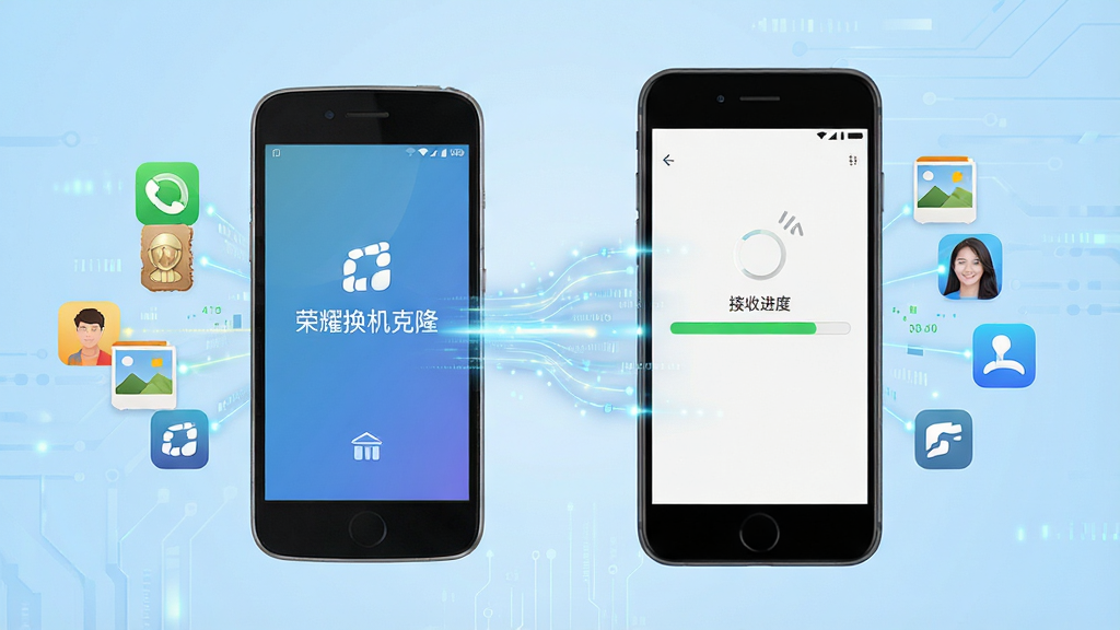 画面中央展示一部旧手机与一部新手机并排摆放,中间以发光的数据流线条连接,旧手机屏幕显示“荣耀换机克隆”启动界面,新手机屏幕显示接收进度条,背景为简洁的浅蓝色渐变科技风格,布局左右对称,排版突出数据迁移的动态感,细节包含通讯录、照片、应用图标等元素漂浮在数据流周围,画质清晰锐利,干净无多余元素