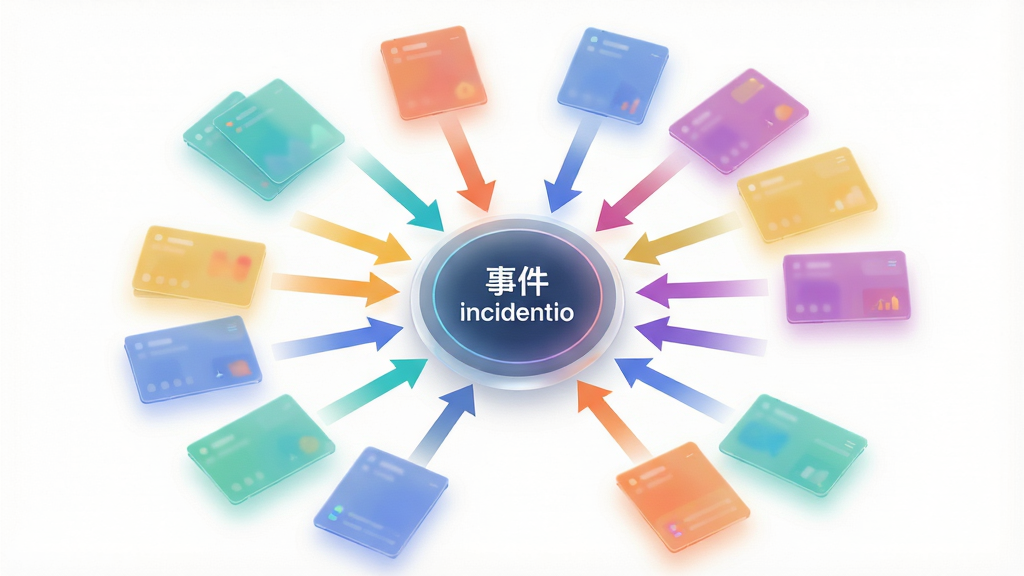 画面主体为一张悬浮的告警聚合示意图,多个彩色小卡片从不同方向汇聚到一个中央圆形枢纽中,枢纽上标注“事件incidentio”字样,布局采用中心辐射式构图,排版突出聚合与降噪概念,风格为简洁信息图风格,细节包括渐变箭头、半透明卡片、柔和光晕,画质高清,背景为白色,整体干净无多余元素