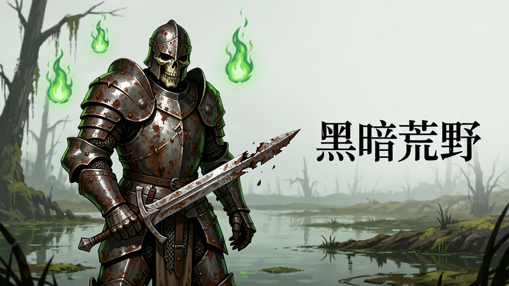 一位身穿锈蚀板甲的亡灵骑士站在沼泽边缘,手持断裂的长剑,身后是漂浮的绿色鬼火,画面右侧写有“黑暗荒野”字样,暗黑哥特插画风格,细节丰富,画质高清,干净无多余元素