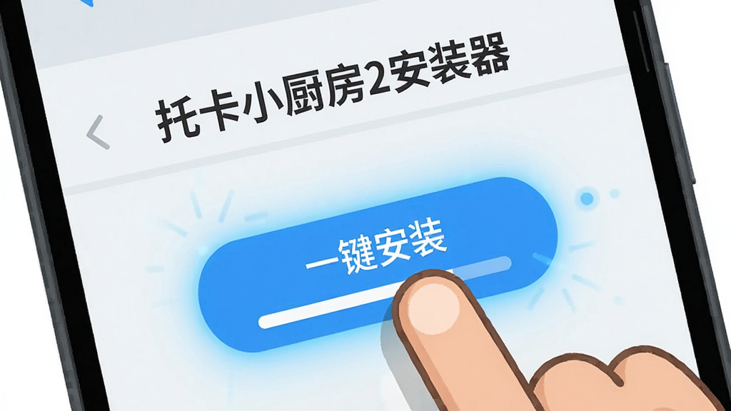 一部安卓手机屏幕特写,画面中一只卡通手指正在点击“一键安装”按钮,按钮周围有蓝色光效和进度条,背景是简洁的浅色界面,上方显示“托卡小厨房2安装器”标题,风格清爽现代,扁平插画风,画质干净,无杂乱元素