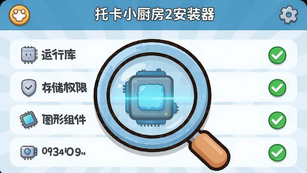 卡通风格的手机界面截图,画面中央是一个放大镜图标正在扫描手机系统组件,旁边列出“运行库”“存储权限”“图形组件”等检查项,部分项目显示绿色对勾,界面顶部有“托卡小厨房2安装器”文字标识,整体风格科技感与可爱风结合,画质清晰,布局整洁