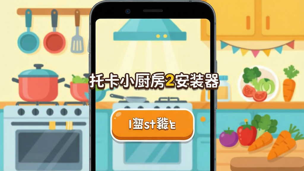 一张展示安卓手机屏幕的画面,屏幕中央是一个卡通风格的厨房安装器界面,界面上有“托卡小厨房2安装器”字样和醒目的安装按钮,背景是明亮的厨房场景,有锅碗瓢盆和食材元素,整体风格活泼可爱,扁平化设计,色彩鲜艳,画质清晰干净,无多余元素