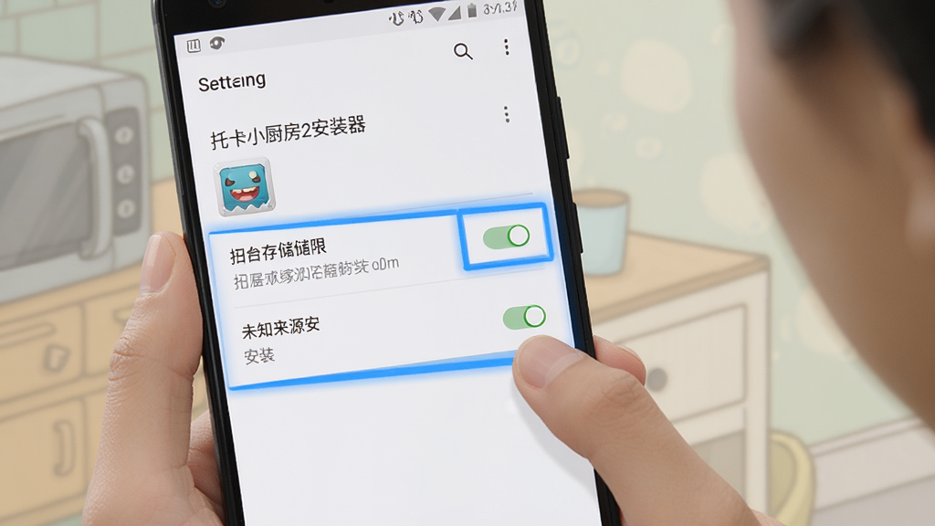 一部安卓手机展示设置界面,画面中用户正在为“托卡小厨房2安装器”开启存储权限和未知来源安装开关,界面元素清晰,有蓝色高亮提示框,背景简洁,风格写实偏插画,画质干净,无多余装饰