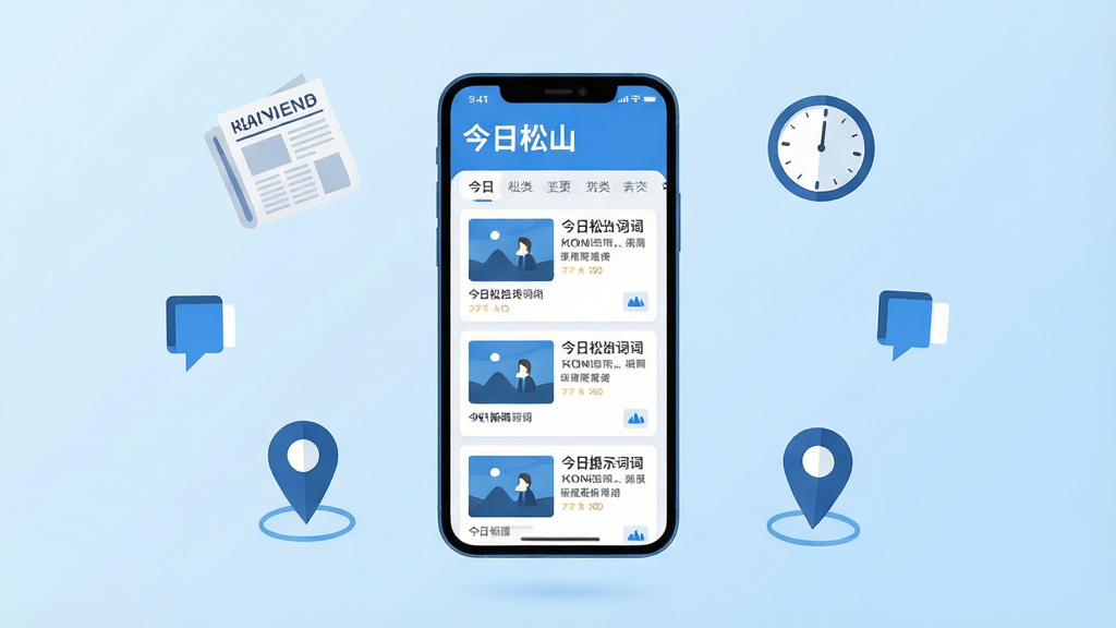 生图提示词:主体是一块竖屏手机,屏幕上显示“今日松山”新闻信息流界面,包含多条带缩略图的新闻卡片和分类标签栏;手机悬浮在浅蓝色渐变背景中央,四周环绕着报纸、时钟和定位图标等扁平化装饰元素;布局为居中对称,手机屏幕内容清晰可见;风格为现代扁平插画风,配色以蓝白为主,简洁明快;细节上新闻卡片排列整齐,图标线条干净;画质高清,画面干净,无多余元素。
