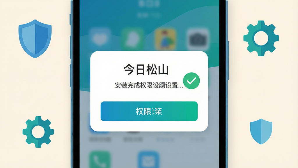 生图提示词:主体是一部手机屏幕特写,显示“今日松山”应用安装完成后的权限设置弹窗界面,旁边有一个绿色对勾图标;手机放置在浅色背景上,周围有盾牌和齿轮的扁平图标点缀;布局为居中构图,手机屏幕占据画面主要位置;风格为简洁科技插画风,配色以蓝绿为主;细节上弹窗按钮清晰,图标线条利落;画质高清,画面干净,无多余元素。