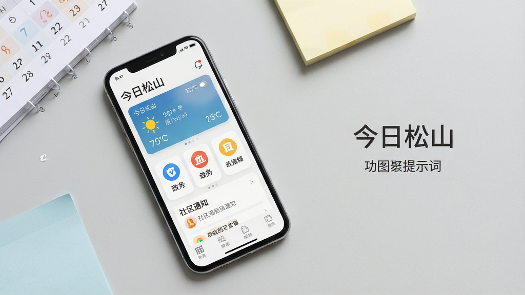 生图提示词:主体是一部手机,屏幕显示“今日松山”应用的功能聚合页面,包含天气卡片、政务图标和社区通知模块;手机平放在浅灰色桌面上,旁边散落着日历和便签纸;布局为俯视视角,手机居中偏左,右侧留白处放置简洁的文字标签;风格为清爽的办公场景摄影风,光线均匀柔和;细节上屏幕图标清晰,桌面质感真实;画质高清,画面干净,无多余元素。