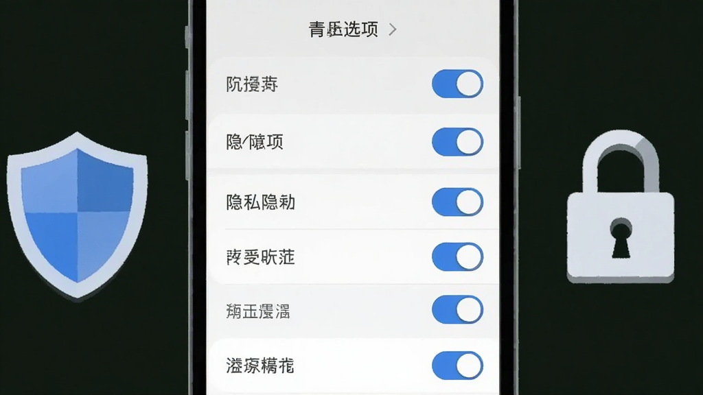 一张展示青丘隐私设置页面的示意图,画面为手机屏幕特写,屏幕内呈现隐私选项开关列表,旁边配有盾牌与锁形图标元素,布局简洁纵向排列,风格现代扁平,细节包含浅灰色背景与蓝色高亮开关,画质清晰干净