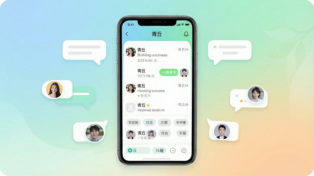 一张展示青丘手机应用主界面的场景图,画面中央是一部竖屏智能手机,屏幕内呈现青丘聊天列表与兴趣标签页面,手机周围环绕着简约的对话气泡与好友头像元素,整体布局居中对称,风格清新明快,细节包括柔和的渐变背景与圆角卡片设计,画质清晰干净,无多余装饰元素