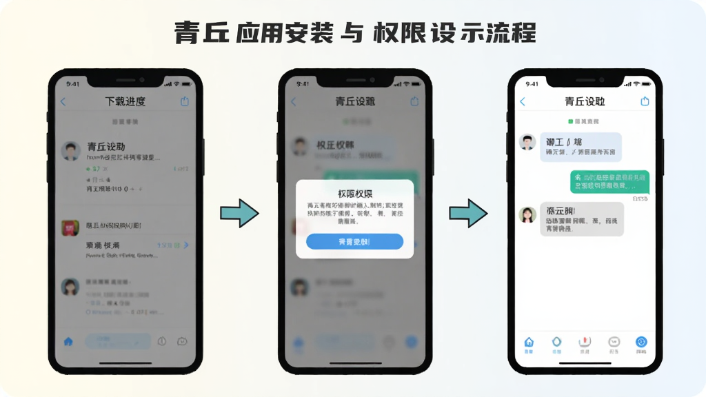 一张展示青丘应用安装与权限设置流程的示意图,画面分为三个并排的手机屏幕,分别呈现下载进度、权限弹窗与聊天主界面,布局横向排列,风格简洁教程插画,细节包含箭头引导与浅色背景,画质清晰干净
