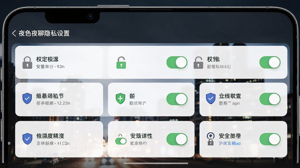 夜色夜聊隐私设置界面,画面主体为手机屏幕中的权限开关列表与安全锁图标,布局为分组卡片式排列,排版整齐规范,风格沉稳专业,细节包含开关按钮、盾牌图标、文字说明行,画质清晰,画面干净,无多余元素