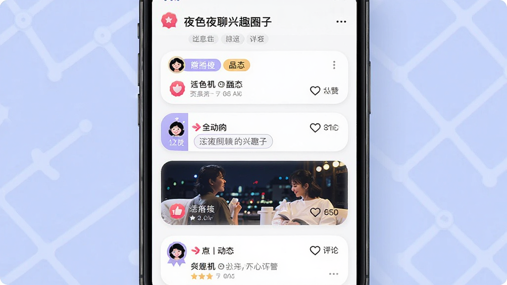 夜色夜聊兴趣圈子页面,画面主体为手机屏幕中的话题卡片与动态信息流,布局采用瀑布流排列,排版错落有致,风格活泼明快,细节包含标签徽章、点赞图标、评论数量,画质高清,画面干净,无多余元素