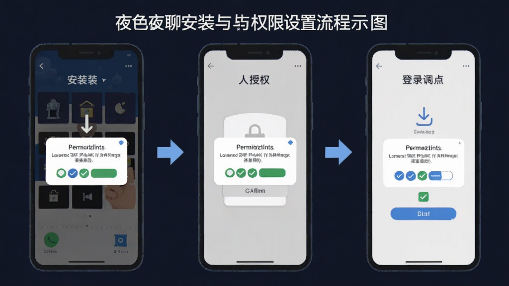 夜色夜聊安装与权限设置流程示意图,画面主体为手机屏幕分步操作画面,布局为三格横向排列展示安装、授权、登录步骤,排版清晰有序,风格教程图解扁平化,细节包含箭头指引、权限弹窗、勾选标记,画质高清,画面干净,无多余元素