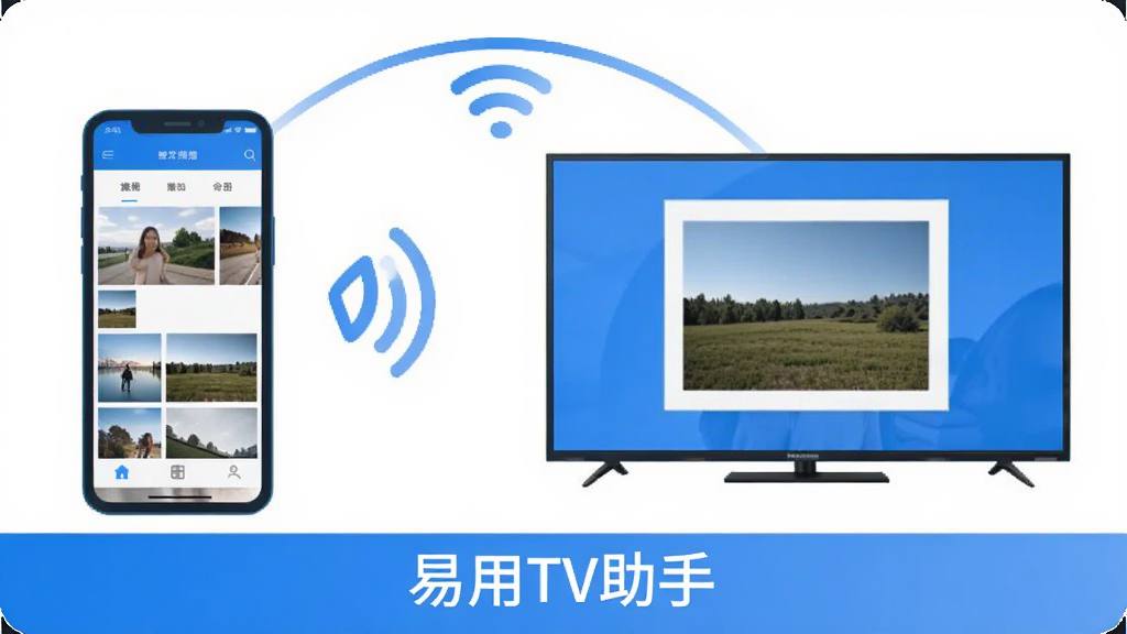 一幅表现无线投屏功能的示意图,画面左侧是一部手机,屏幕显示照片图库,画面右侧是一台智能电视,电视上正同步展示手机中的照片内容,两者之间用带有无线信号标志的弧线连接,画面底部有“易用TV助手”文字标识,整体风格为简洁的扁平化设计,配色以蓝白为主,布局清晰,画质干净,无多余装饰元素