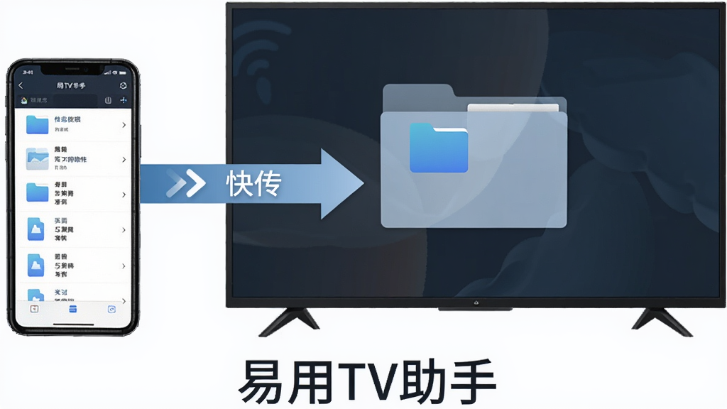 一幅表现文件传输功能的场景图,画面中一部手机和一台电视并列摆放,手机屏幕显示文件列表,电视屏幕显示接收文件夹,两者之间有一条带有箭头的传输路径,路径上标注“快传”字样,画面下方有“易用TV助手”品牌文字,整体风格为简约商务插画,色调沉稳,细节清晰,画质干净,无多余元素
