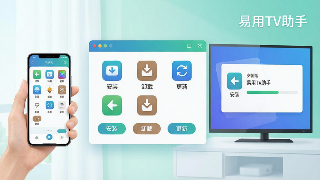 一幅展示应用管理功能的界面示意图,画面中央是一个悬浮的虚拟界面,界面上排列着多个应用图标和“安装”“卸载”“更新”等操作按钮,界面左侧有一只手持手机进行远程操作,右侧是一台电视屏幕同步显示安装进度,画面中带有“易用TV助手”字样,风格为现代科技感UI插画,配色清爽,布局规整,画质细腻,无杂乱元素
