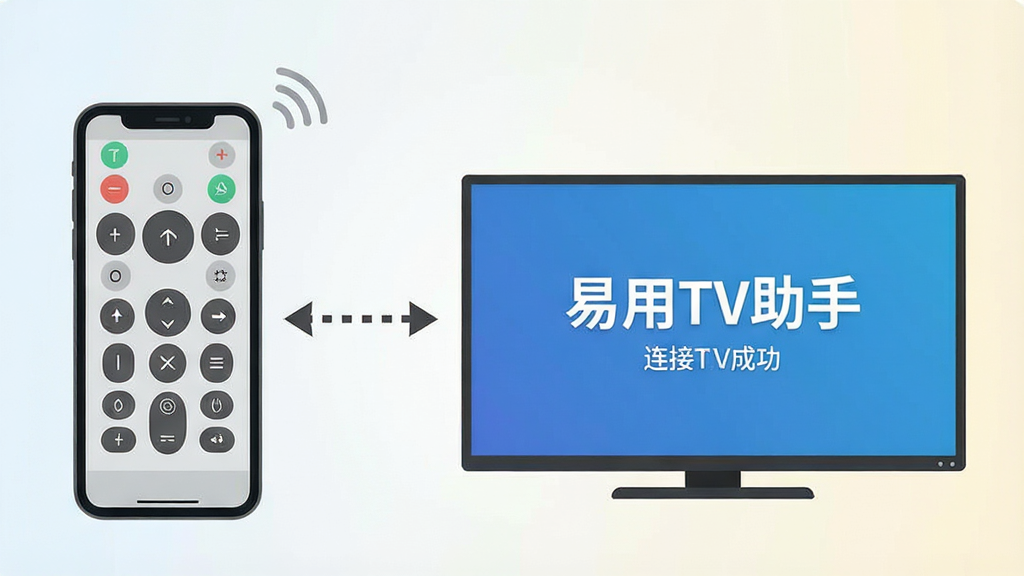 一幅展示手机遥控电视功能的示意图,画面左侧是一部手机,屏幕显示虚拟遥控器按键布局,画面右侧是一台智能电视,电视屏幕显示“易用TV助手”连接成功界面,手机与电视之间有控制信号传输的虚线箭头,背景为浅色渐变,风格为扁平化图标设计,布局对称,画质清晰,无多余装饰
