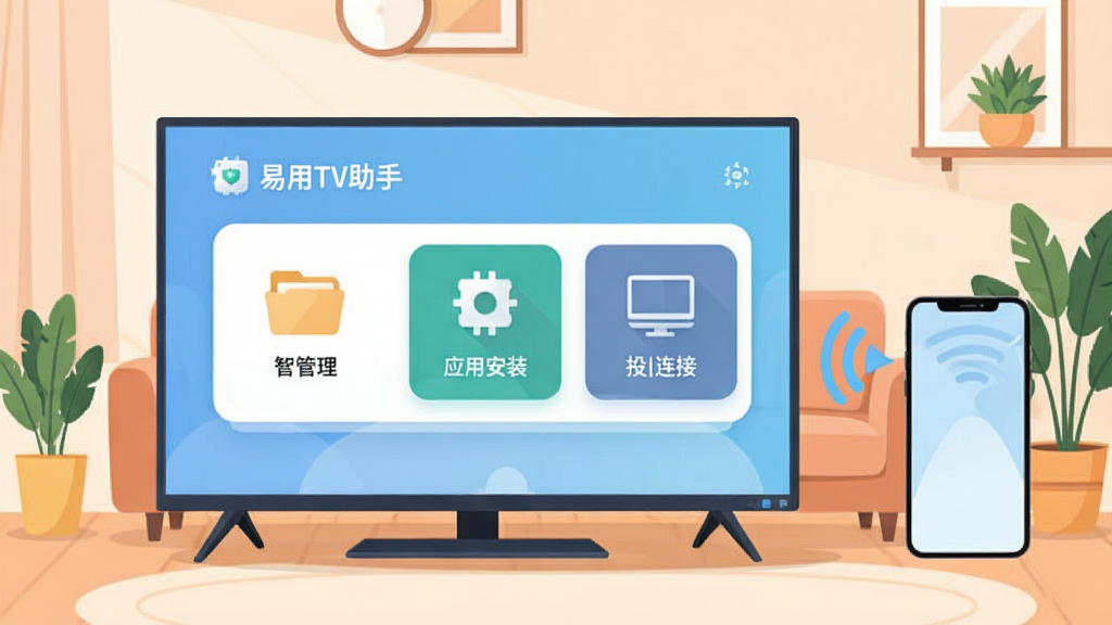一幅展示智能电视与手机协同工作的场景插画,画面中央是一台大屏幕智能电视,电视屏幕上显示着“易用TV助手”的应用界面,界面包含文件管理、应用安装、投屏连接等模块图标,电视右侧是一部智能手机,手机屏幕与电视屏幕之间有无线信号波纹相连,背景是温馨的现代客厅环境,沙发、绿植点缀,整体风格为扁平化科技插画,色彩明亮柔和,细节清晰,画质干净,无多余元素
