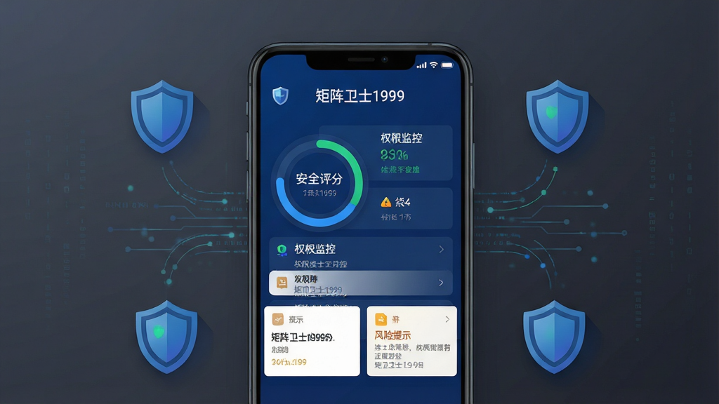 一张安卓手机安全防护主题的UI界面展示图,画面中央为手机屏幕,屏幕内显示“矩阵卫士1999”应用主界面,包含安全评分环形图、权限监控列表和风险提示卡片,界面采用深蓝色科技感配色,背景为简洁的深灰渐变,周围环绕盾牌图标与数据流线条装饰,整体布局清晰对称,风格为扁平化科技插画,细节包含图标阴影与界面文字“矩阵卫士1999”,画质高清,画面干净,无多余元素