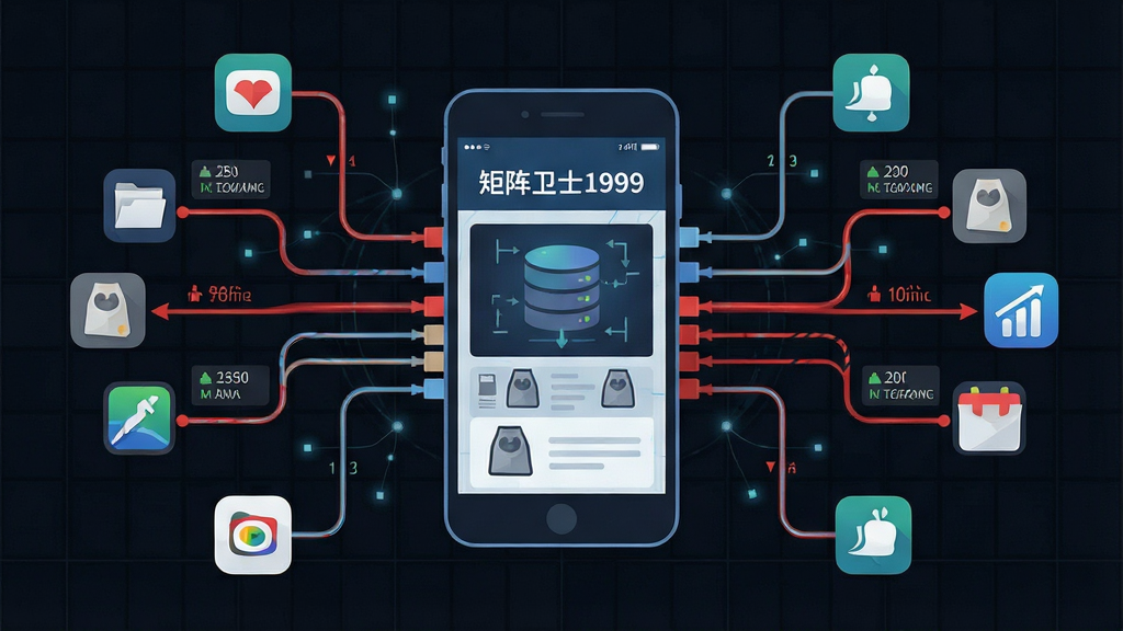 一张网络行为追踪主题的科技插画,画面中央为手机与数据流连接示意图,手机屏幕显示“矩阵卫士1999”的网络追踪界面,屏幕外延伸出多条数据线连接至不同应用图标,部分连接线以红色标记表示异常,背景为深色网格纹理,整体布局为左右对称结构,风格为扁平化信息图插画,细节包含数据包图标与流量数值标签,画质高清,画面干净,无多余元素