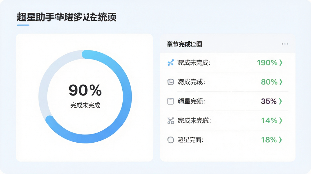 超星助手学习进度统计页面,主体为环形进度图与章节完成列表,布局上下结构,排版整齐,风格清爽浅色系,细节包含百分比数字与已完成未完成状态标识,画质高清干净无杂乱元素