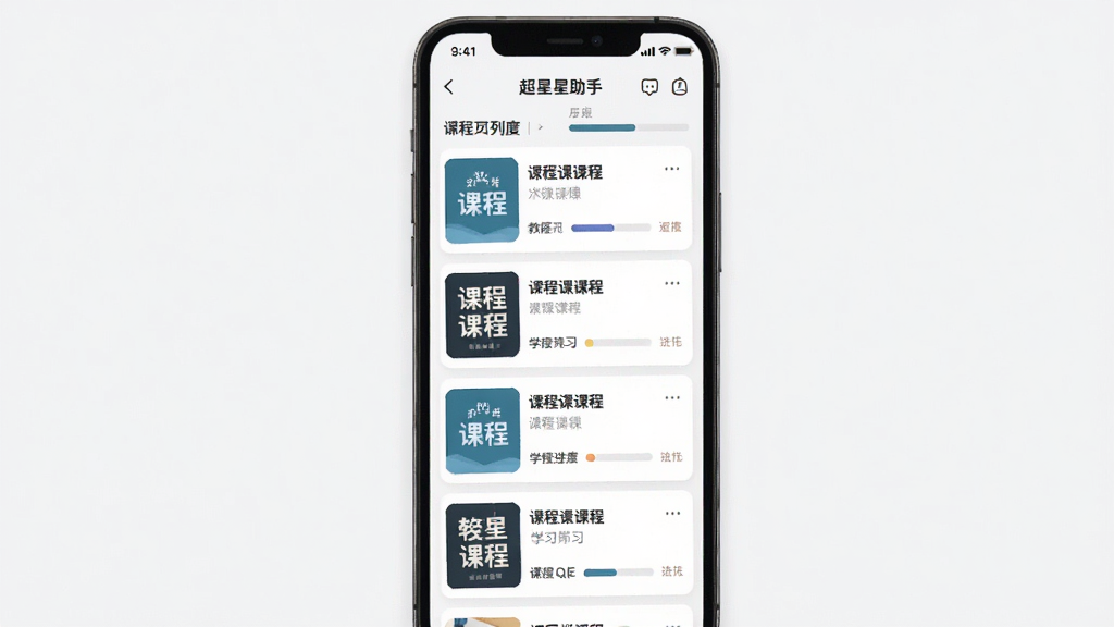 超星助手界面中展示课程列表与学习进度条,主体为手机屏幕内多门课程卡片纵向排列,布局清晰,排版简洁,风格为扁平化教育类应用设计,细节包含进度条与课程封面缩略图,画质清晰干净无多余元素