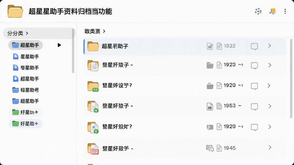 超星助手资料归档功能界面,主体为文件夹图标与文档列表,布局为左侧分类右侧文件预览,排版规整,风格简约实用,细节包含文件夹标签与文件类型图标,画质清晰干净无多余装饰