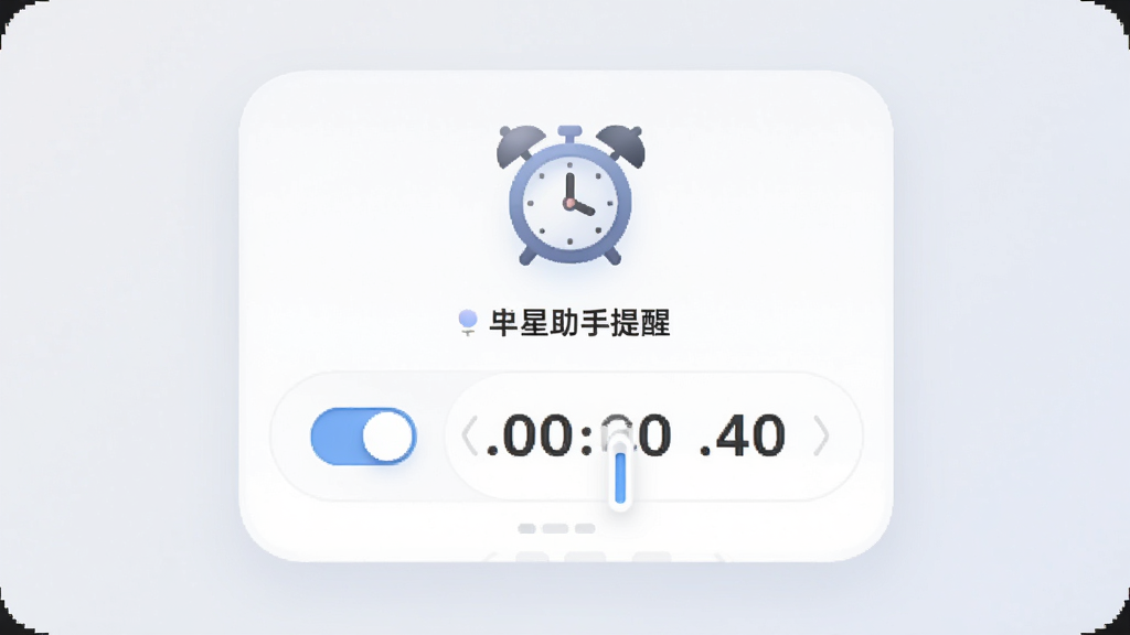 超星助手提醒设置界面,主体为闹钟图标与时间选择控件,布局居中卡片式,排版清晰,风格柔和圆角设计,细节包含开关按钮与时间数字,画质细腻干净无多余元素